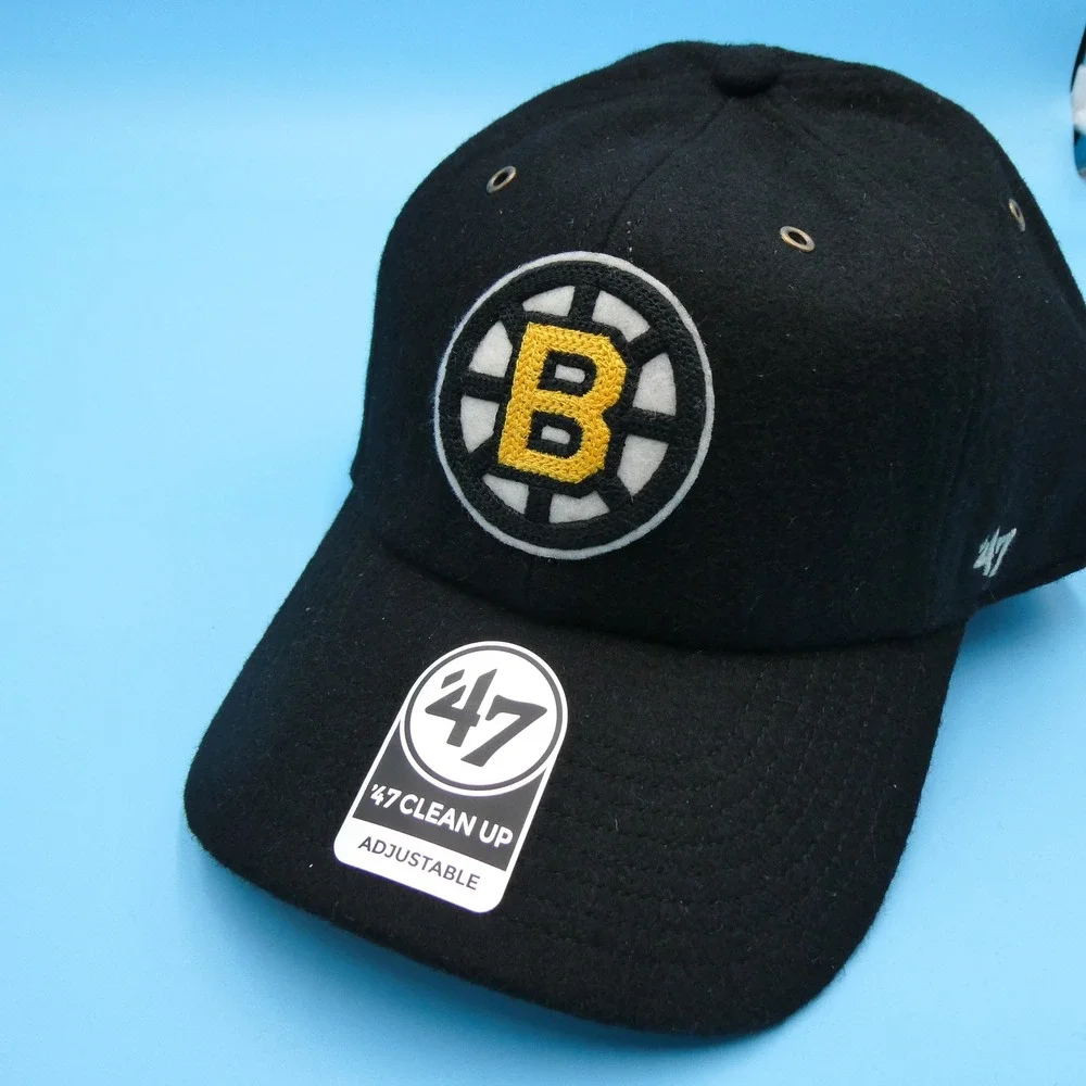 '47 Hat Mens OSFA Clean Up Boston Bruins Black Wool Blend‎ Adjustable Strapback